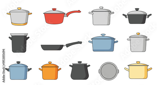 Comprehensive collection of kitchen cookware icons including various sizes of pots, pans, and lids in different colors.