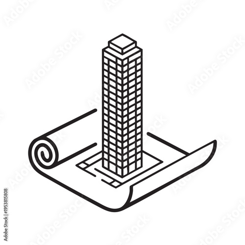 An illustration depicts a tall building standing on a rolled-up blueprint on a flat surface.
