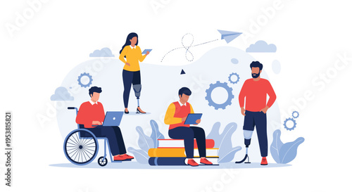 Inclusive workplace concept featuring a diverse group of people with disabilities using technology and collaborating together.