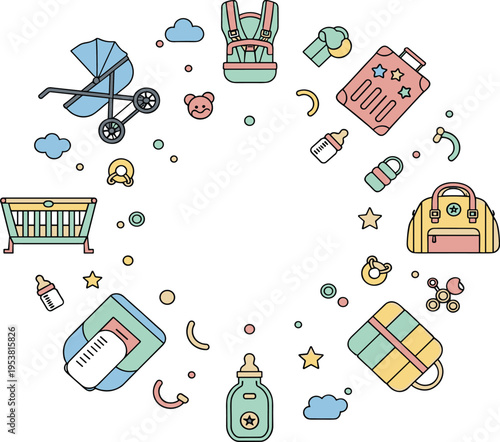 Cute Baby Essentials Circular Frame Vector with Stroller, Crib, Diaper Bag, Carrier, Bottles, Clothes, and Nursery Items for Parenting Design.