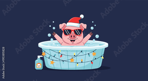Funny Christmas pig character wearing a Santa hat and sunglasses while relaxing in a festive bathtub decorated with lights.