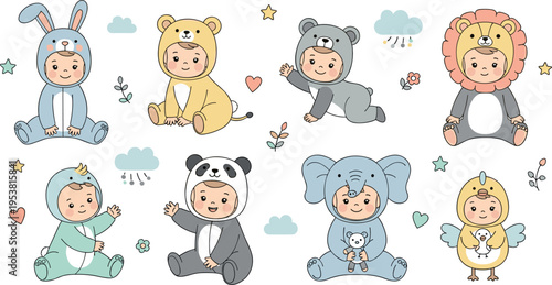 Cute babies in animal costumes set, adorable kids dressed as bunny bear lion elephant and panda, playful cartoon characters flat vector illustration collection