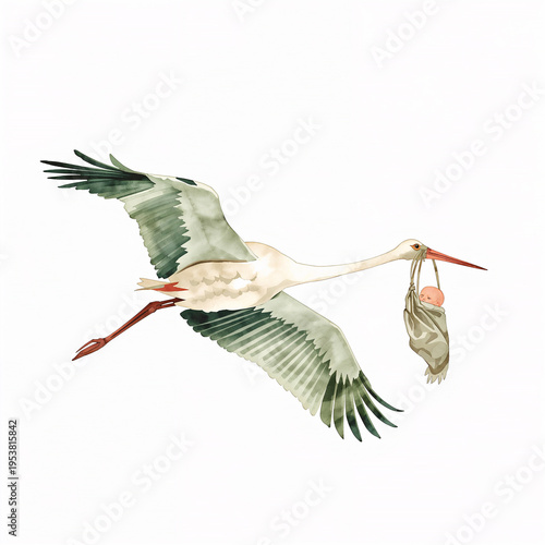 Stork carrying a baby bundle illustration