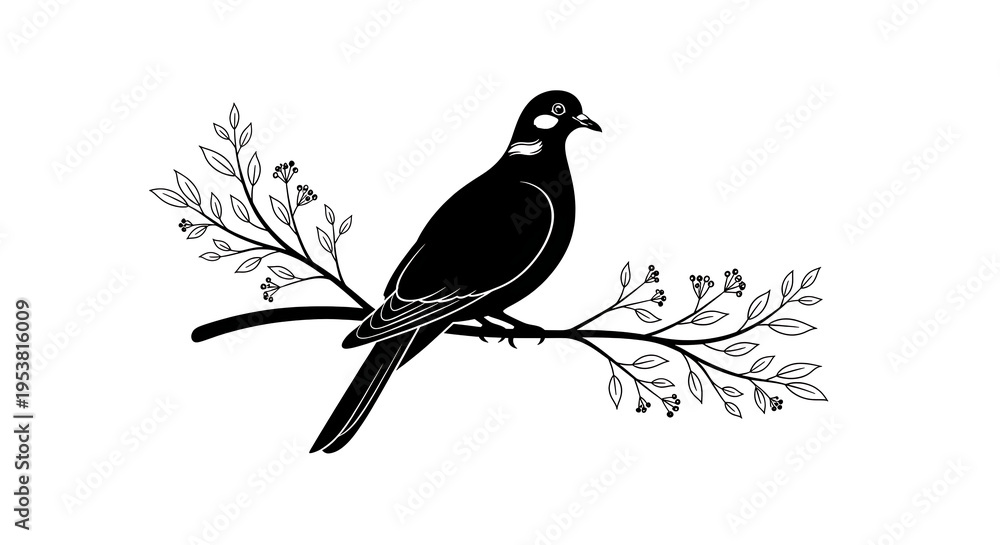 Obraz premium Black bird sitting on branch illustration