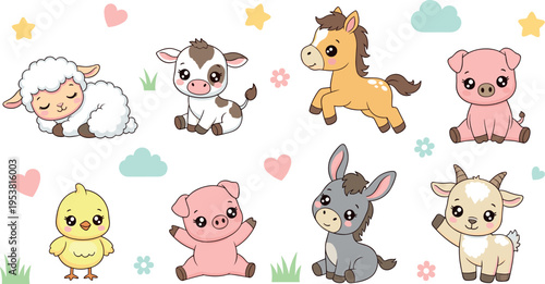 Cute Farm Animals Cartoon Set Featuring Sheep Cow Horse Pig Chicken Donkey and Goat with Adorable Expressions in Pastel Vector Illustration