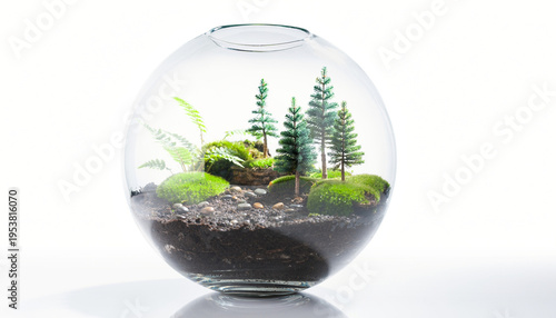 Terrarium containing miniature forest with green plants and trees, glass container on white background