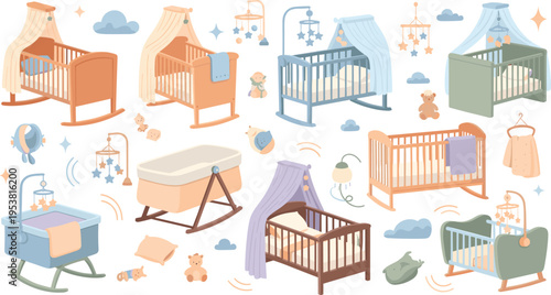 Cute Baby Cribs and Nursery Furniture Vector Set with Canopy Beds, Rocking Cradles, Mobiles, Blankets, and Cozy Infant Room Interior Elements.