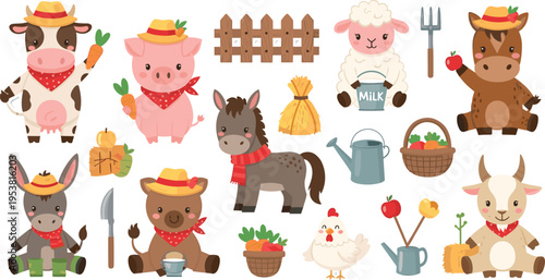 Cute Farm Animals with Gardening and Farming Elements Set Featuring Cow Donkey Sheep Chicken and Tools in Adorable Cartoon Vector Illustration