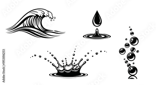 Water Splash and Wave Icons: Dynamic Liquid Motion and Bubbles Collection