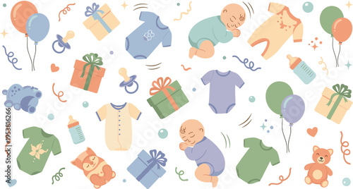 Cute Baby Essentials Vector Set with Newborn Clothes, Sleeping Infants, Bottles, Gifts, Balloons, and Nursery Elements for Baby Shower and Kids Design.