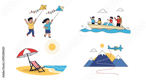Collection of summer vacation and travel activities including flying kites, boating, beach relaxation, and mountain trips.