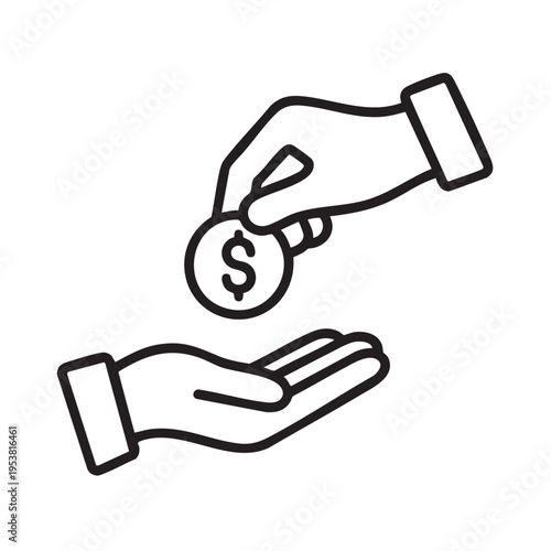 A hand giving a dollar coin to another hand in a simple line illustration.