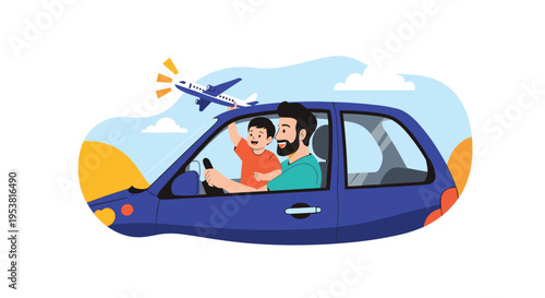 Happy father and son on a road trip in a blue car while the child holds a toy airplane imagining a big adventure.