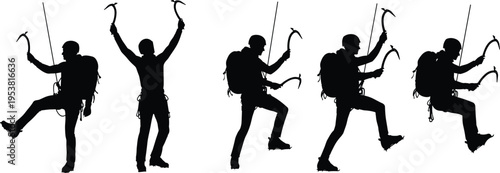 Black silhouette illustration of climbers with backpacks, ropes, and ice axes engaged in mountaineering and ice climbing, extreme outdoor adventure sport design artwork.