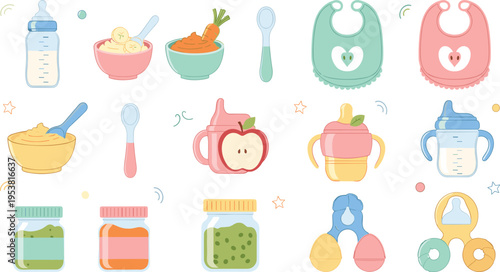 Cute Baby Feeding Items Vector Set with Bottles, Bibs, Bowls, Spoons, Baby Food Jars, Fruits, and Toddler Feeding Accessories Illustration.