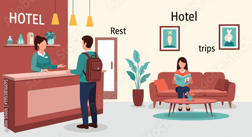 Modern hotel lobby scene with a guest checking in at the reception desk while another guest relaxes on a sofa reading.