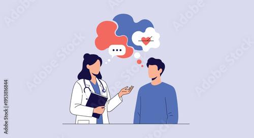 Female doctor communicating with a male patient using thought bubbles to explain healthy heart concepts and wellness.