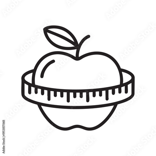 An illustration depicts a line drawing of an apple being measured by a flexible measuring tape wrapped around its middle.