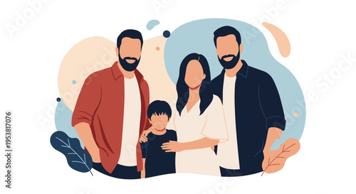 Family consisting of a mother, father, and two sons standing together in a friendly flat vector style portrait.