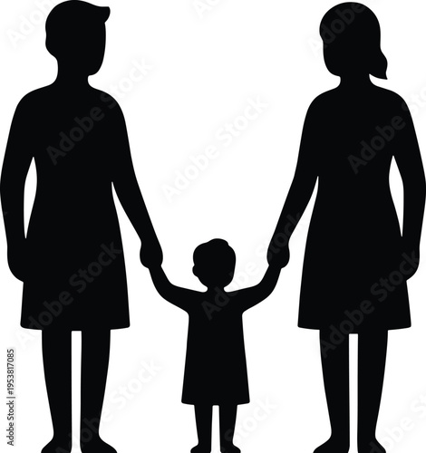Black silhouette illustration of family with child holding hands between two adults, symbolizing care, protection, parenting, and togetherness for artistic or social design projects