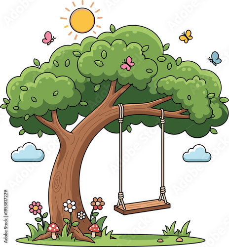 Cute Tree with Wooden Swing in Nature Landscape Featuring Flowers Butterflies and Sunny Sky in Peaceful Cartoon Style Vector Illustration