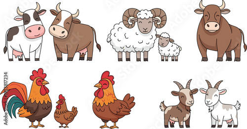 Set of Cute Cartoon Farm Animals Including Cow, Sheep, Goat, Rooster, and Hen in a Playful, Colorful Style
