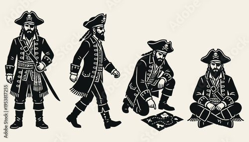 Vintage pirate captain characters in monochrome silhouette style