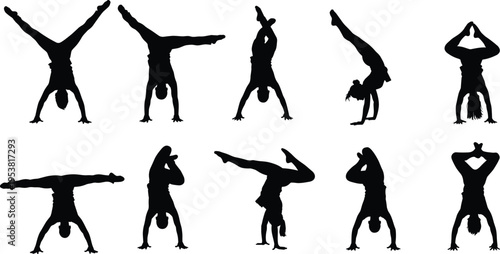 Gymnastics silhouettes handstand acrobatic poses athletic balance flexibility fitness training dancer movement yoga strength sport isolated