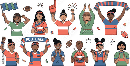 Diverse American Football Fans Cheering with Team Spirit, Holding Flags, Foam Fingers and Scarves, Celebrating Sports Event Excitement in Flat Vector Illustration
