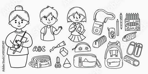 Back to School. Outline Doodle Set. Cute Female Teacher, Pupils Boy Girl, Backpacks, Bag, Tube Paint, Scissors and Stationery. Vector Illustration. Isolated Line Art coloring Hand Drawn on White