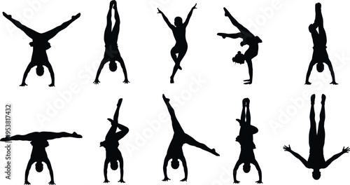 Gymnast silhouettes acrobatic poses handstand balance dancer movement fitness flexibility athletic training yoga sport performance isolated