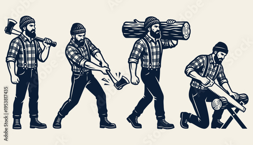 Lumberjack character set with woodcutting tools and logs