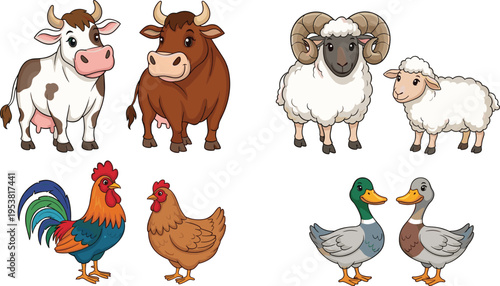 Set of Cute Cartoon Farm Animals Including Cow, Sheep, Duck, Rooster, and Hen in a Colorful Style