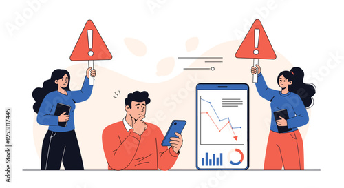 Concerned person looking at a smartphone while red warning icons and falling data charts indicate financial decline.