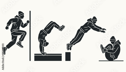 Parkour athlete performing various urban freestyle movements in silhouette