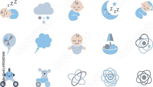Cute Baby Sleep Icons Vector Set with Sleeping Infant, Moon, Clouds, Stars, Toys, and Nighttime Nursery Elements for Calm Kids Design.