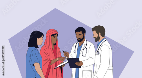 Diverse group of medical professionals discussing a clipboard while a patient in a headscarf looks on during a consultation.