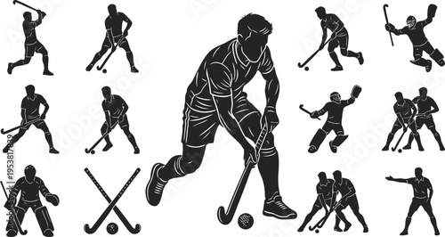 Field hockey player silhouettes set in various action poses