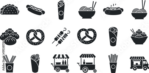 Fast Food and Street Food Icon Set Featuring Hot Dog, Tacos, Pretzel, Noodles, French Fries and Food Truck in Minimal Vector Style