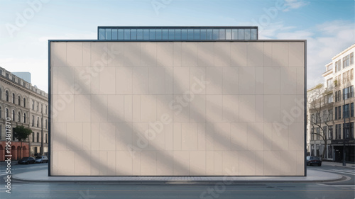 Modern office building with large blank screen facade on city street, architectural billboard mock-up, copy space