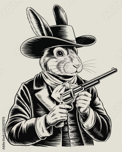 Black and white rabbit outlaw wearing a cowboy hat and bandana