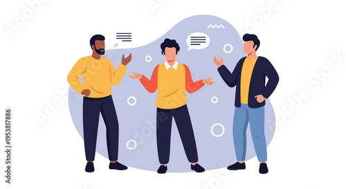Group of three friends engaged in a lively conversation with speech bubbles in a stylized social media illustration.