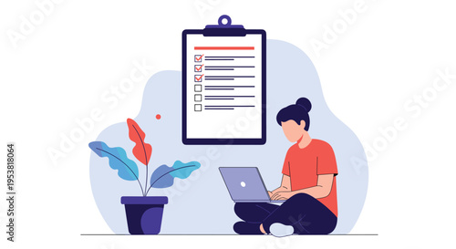 Focused woman working on her laptop while sitting in front of a giant checklist clipboard for task organization.