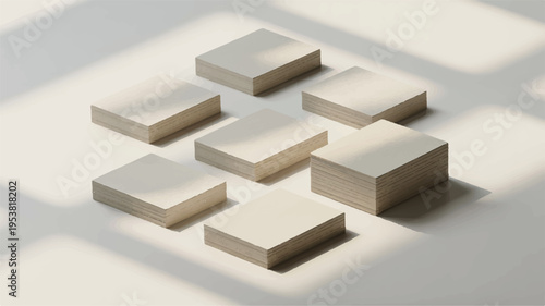 Arrangement of blank stacked blocks casting shadows on light background, minimalist concept for design, copy space