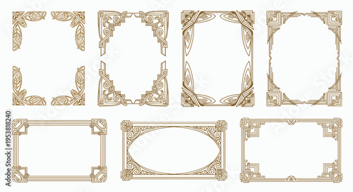 Selection of diverse ornate art deco frames and borders with intricate golden patterns for vintage design projects.