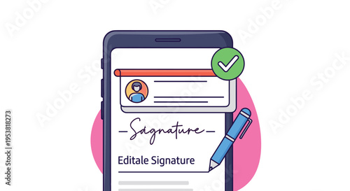 Smartphone displaying a digital signature screen with a blue pen indicating the completion of an online document.