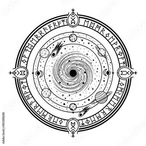 Celestial Galaxy Mandala with Runes and Planets