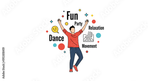 Enthusiastic man celebrating with his arms raised surrounded by positive words like fun, party, relaxation, dance, movement, and joyful icons.