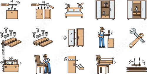 Furniture Assembly Process Icon Set with Flat Pack Boxes Tools and Step by Step Instructions for DIY Home Installation Vector Illustration