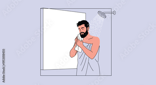 Bearded man taking a refreshing morning shower in a bathroom with water streaming down from a modern showerhead while holding a towel.
